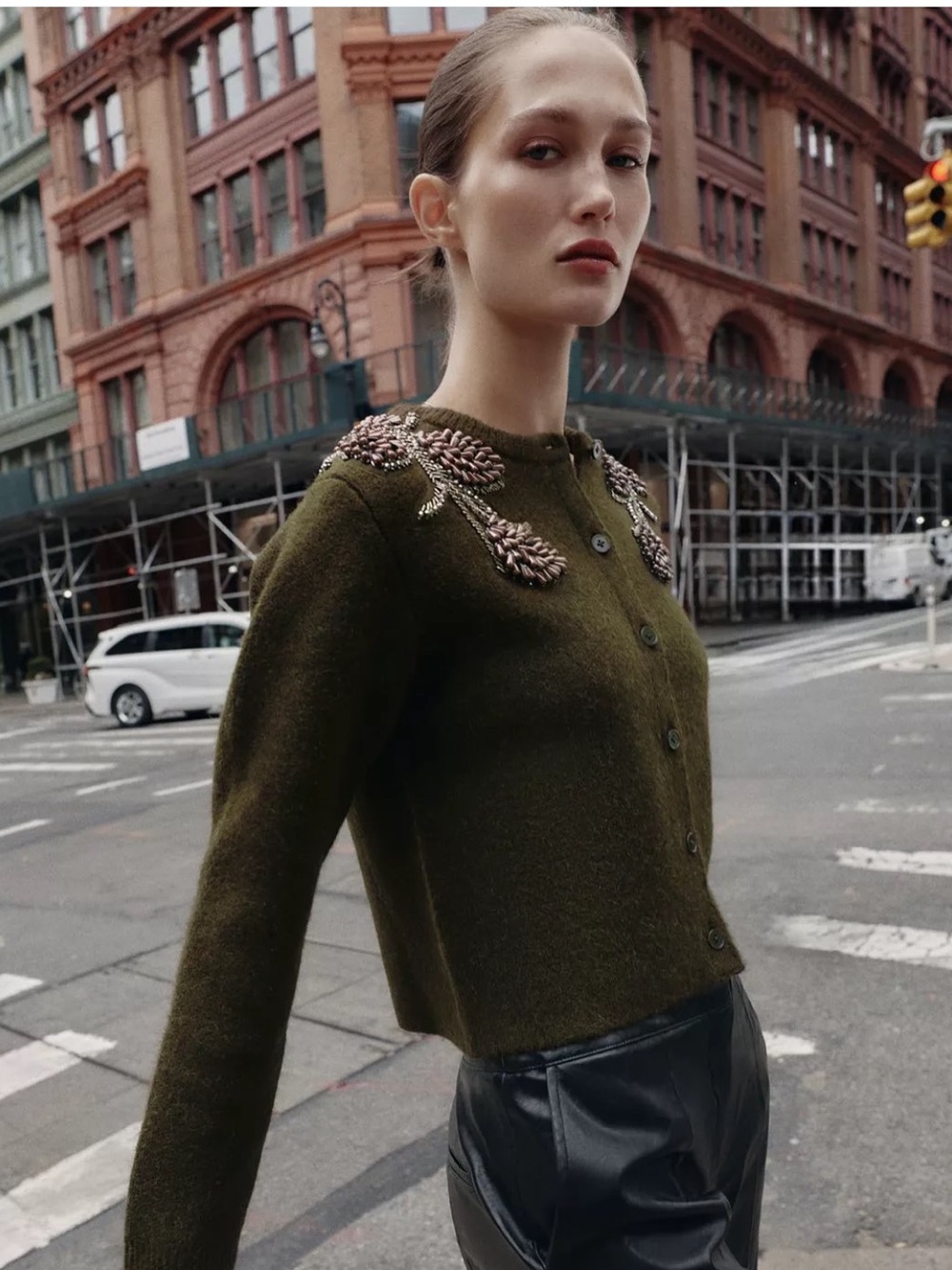 NWT Zara Green/Brown Wool Blend Beaded Cardigan. Size L. - Picture 3 of 13